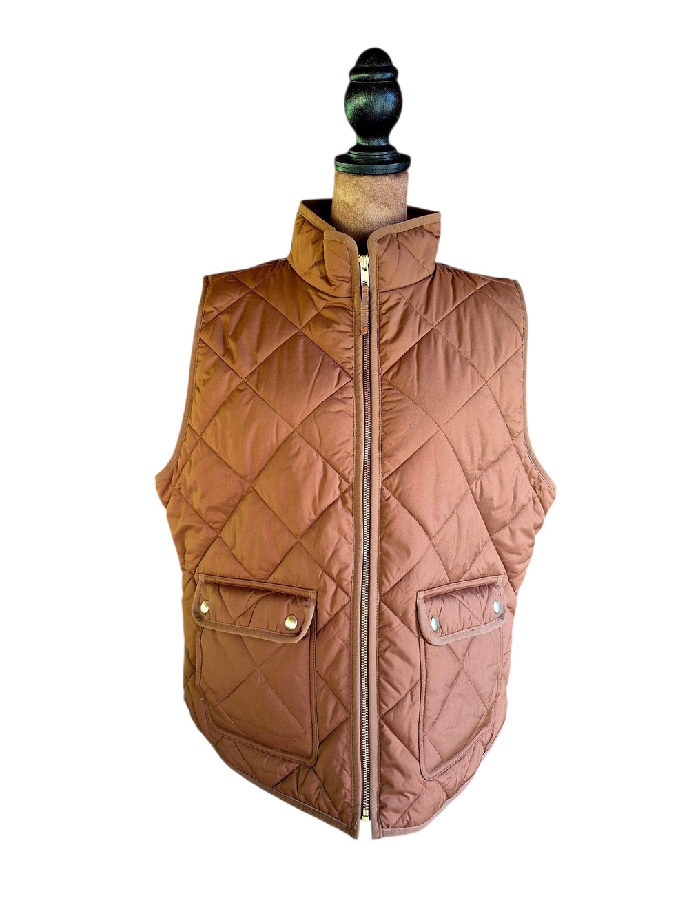 J. Crew Quilted Brown Puffer Vest with Stand Collar And Pink Lining